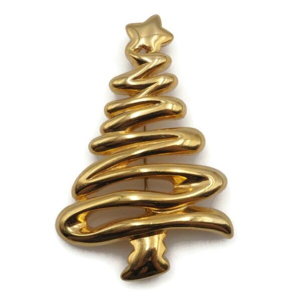Gold Christmas Tree Brooch Pin 2.5” Fernando Originals Designer Signed FO Vtg - Picture 1 of 4